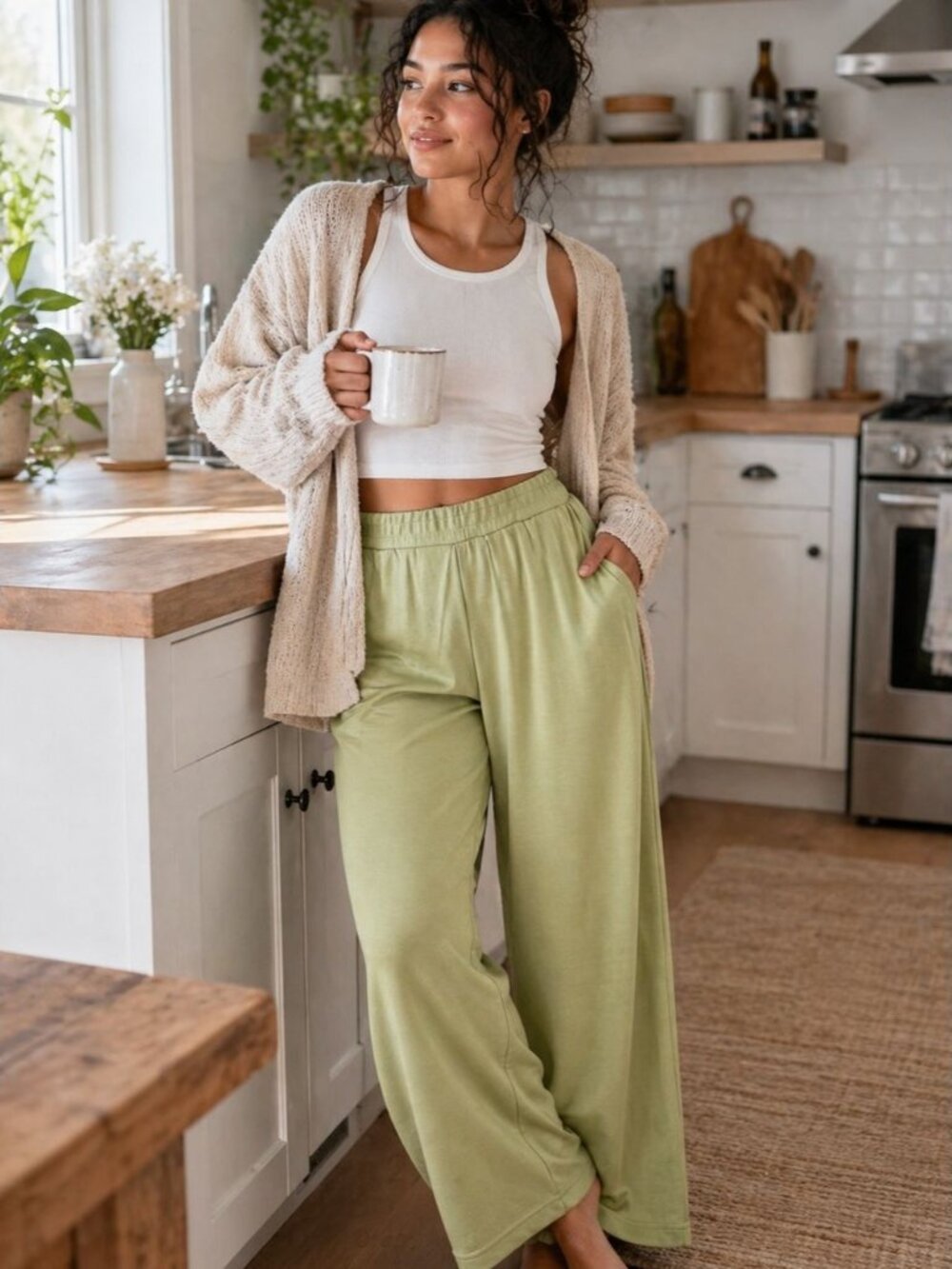 Esqualo Wide Leg Modal Blend Pants Green XL  Minimalist Casual Lounge Chic